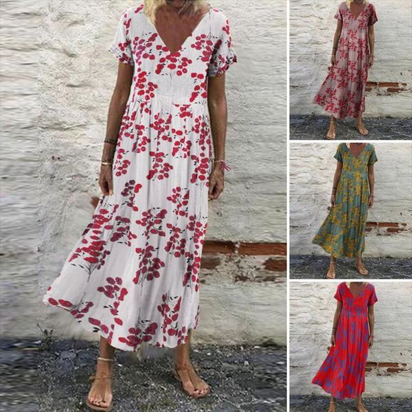 

oversized floral sundress kaftan womens dress printed summer short sleeve maxi vestidos female casual robe femme, Black;gray