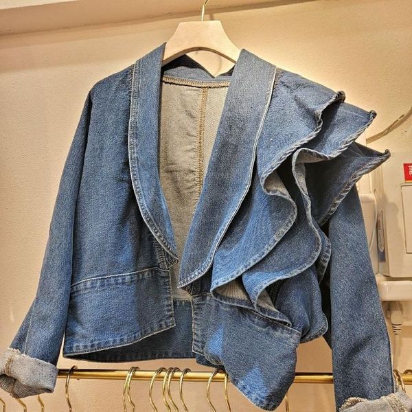 

women's jackets woman denim ruffles solid 2021 spring autumn short mujer chaqueta v neck korean vintage outwear, Black;brown