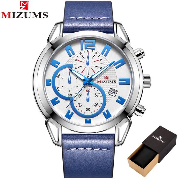 

wristwatches mizums watch men waterproof chronograph sport military male clock leather man wristwatch relogio masculino 803, Slivery;brown