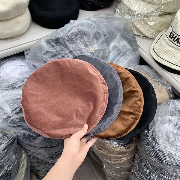 

berets 202108-wei ins velvet fabric solid street beret hat men women leisure painter, Blue;gray