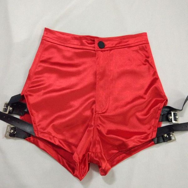 

women's shorts 6 color women punk rock bandage hollow out short pants slim pu leather patchwork, White;black