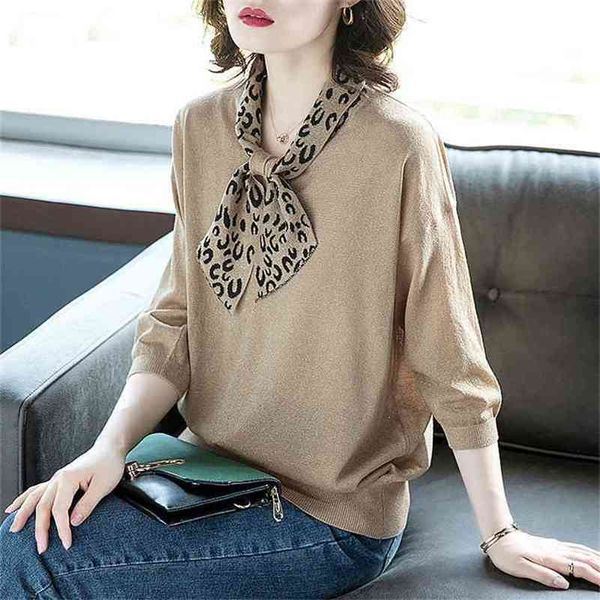 

seven-quarter sleeve scarf collar knitted sweater female bow tie loose and thin leopard print soft bottoming jumper women spring 210427, White;black