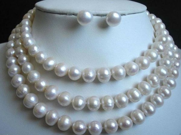 

earrings & necklace beautiful 9-10mm white freshwater cultured pearl earrin set 50'', Silver