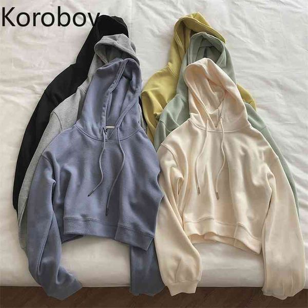 

korobov new arrival women hooded collar long sleeve hoodies vintage preppy style single breasted crop sweatshirts 210430, Black