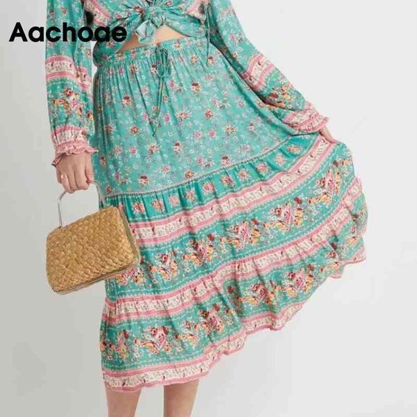 

women floral pleated mid calf length vintage beach skirts casual boho midi skirt lady bottoms mujer faldas 210413, Black