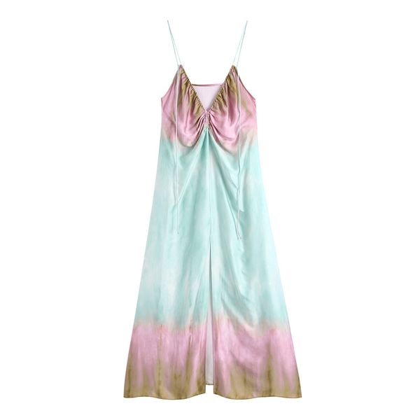 

fashion tie-dye print front slit midi dress women backless thin straps female dresses vestidos mujer 210430, Black;gray