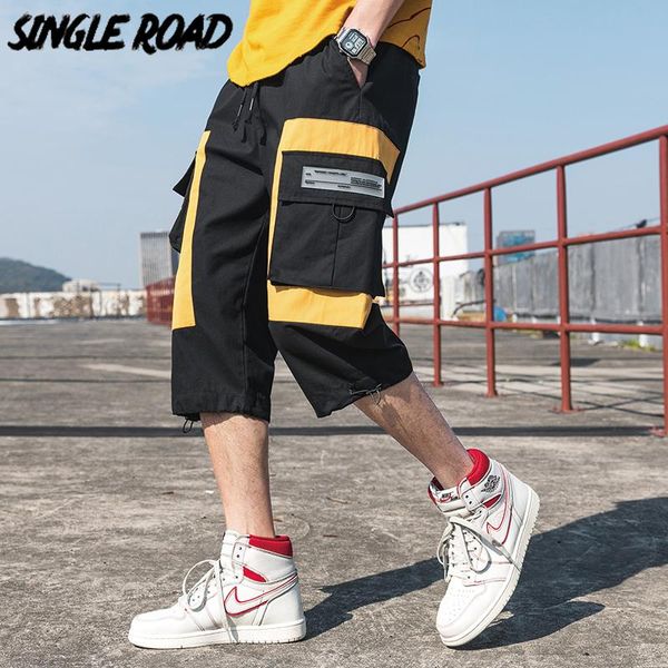 

men's pants singleroad mens cargo joggers men 2021 summer patchwork side pockets hip hop japanese streetwear cropped trousers for, Black
