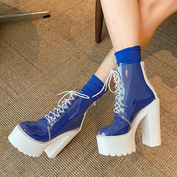 

boots white transparent summer women ankle fashion zipper platform shoes thick high heel cross tied autumn lady, Black