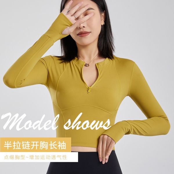 

fitness winter autumn and sports fast dry short tights open navel yoga clothes women's long sleeve running, Gray