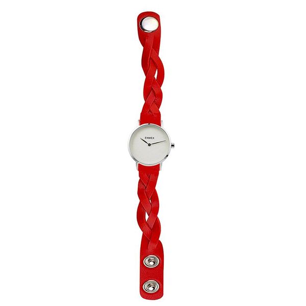 

ladies gift ultrathin case watch enmex simple design red brief face hand woven quartz fashion wristwatch wristwatches, Slivery;brown
