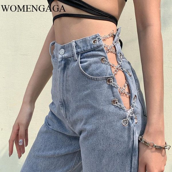 

women's pants & capris womengaga fashion 2021 summer high waist hollow-out lace slim casual all-match denim metal chain straight tc7t, Black;white