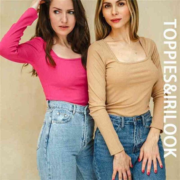 

ies square collar slim t-shirts woman knitwear solid color long sleeve skinny 210708, White