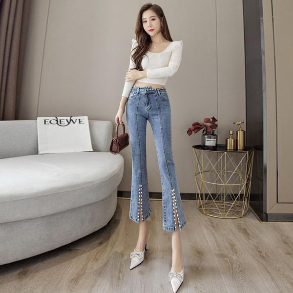 

women's jeans split autumn high waist slimming small beaded micro-flared ankle-length pants, Blue