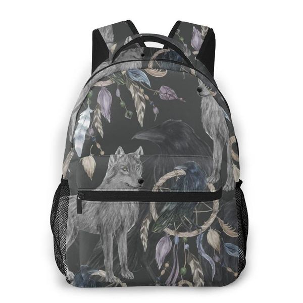 

backpack travel pack watercolor painting with black raven and wolf sports bag outdoor climbing