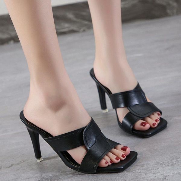 

slippers drop vintage square toe high heels women summer leather thin mules shoes woman casual sandals 35-44, Black