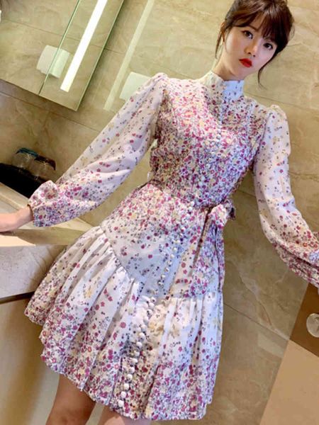 

print pink floral stand collar lantern sleeve ladies dress korean chic holiday vestido trendy clothing 16w750 spring 210510, Black;gray