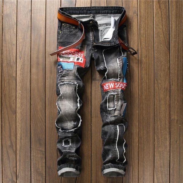 

men's jeans ripped fashion trendy applique decoration black denim straight leg pants autumn discount puos, Blue