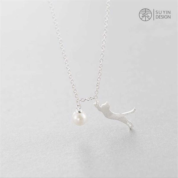 

designer necklace fahion cute kitten pearl 925 sterling silver jewelry sweet cat animal temperament clavicle chain s h484