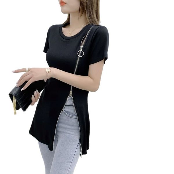 Mode Reißverschluss Schlank Abnehmen Zwei-Wear T-Shirt Weibliches Kleid Sommermode Koreanische Damenbekleidung 210520