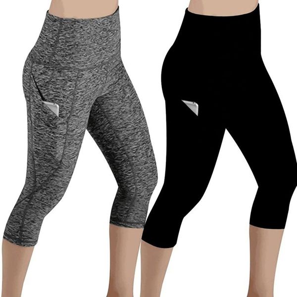 

women's leggings female 3/4 sporting side pockets design slim casual push up fitness high waist, Black