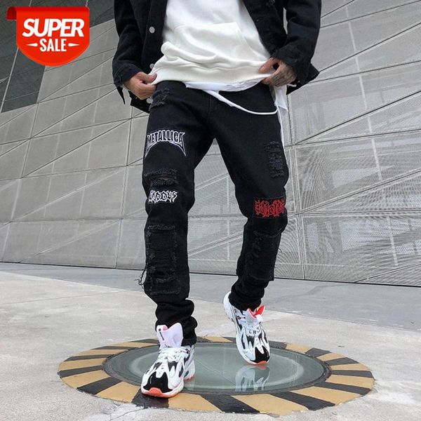 

jeans homme men 2019 new korean hole loose straight streetwear hip hop personality print pencil pants ripped for #sg0b, Blue
