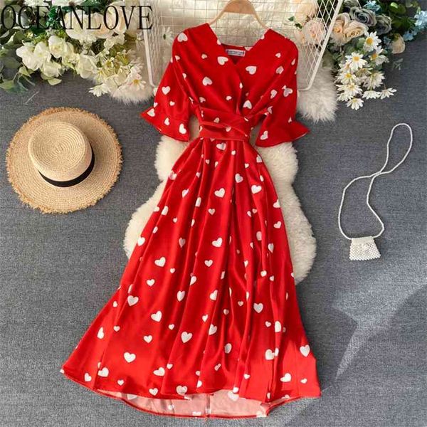 

oceanlove print elegant a-line vestidos v neck high waist fashion korean vintage dresses short sleeve summer dress women 14558 210409, Black;gray
