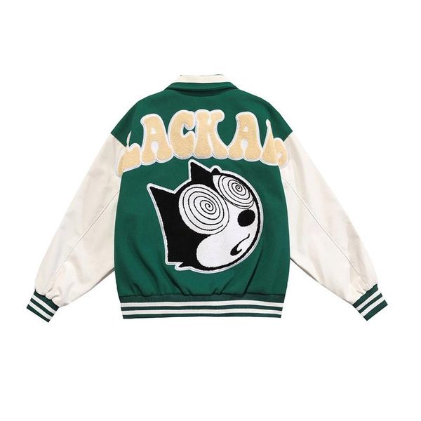 

men's jackets vintage baseball varsity jacket cartoon patchwork color bomber harajuku college style oversized coat autumn, Black;brown
