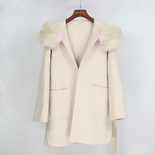 

women's fur & faux fashion- real coat winter jacket women loose natural fox collar cashmere wool blends outerwear streetwear overs, Black