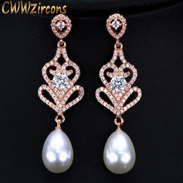 Zirkonia Rose Gold Farbe Lange Perlen Tropfen Ohrringe für Frauen Vintage Ethnische Hochzeit Braut Party Schmuck CZ316 210714