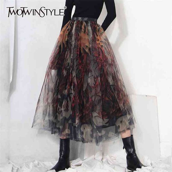 

print hit color skirt for women high waist patchwork mesh midi vintage skirts female fashion clothing spring 210521, Black