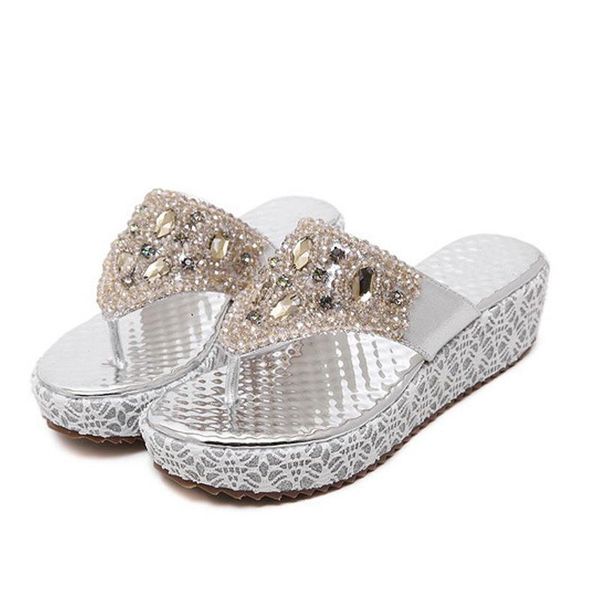 

summer woman slippers diamond slopes fashion women's large size clip sand beach comfortable non-slip shoe, Black