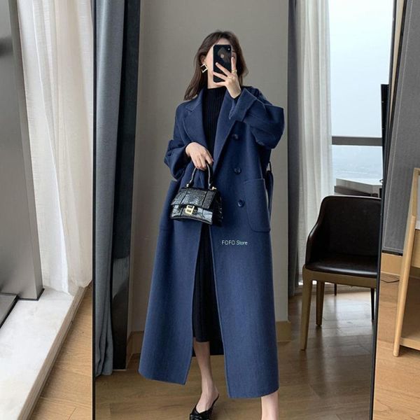 

women's wool & blends 2021 women spring autumn coat fashion warm outerwear woolen female long elegant double breasted solid, Black