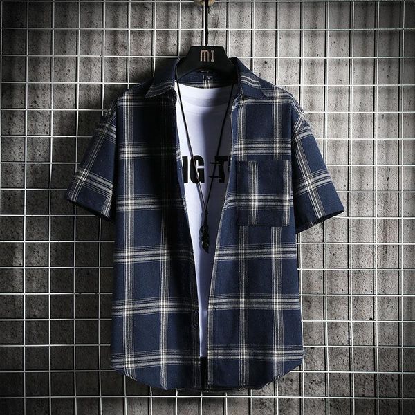 

mens dress shirts summer short-sleeved shirt youth korean loose plaid trend casual workwear no iron men's, White;black