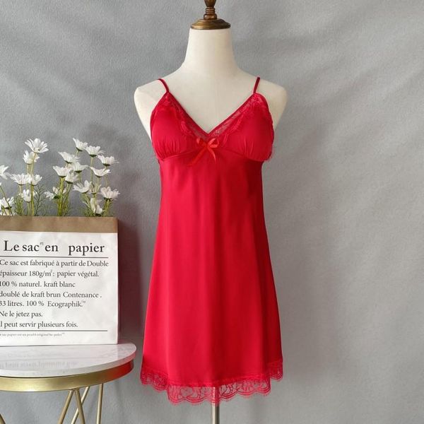 

women's sleepwear casual spaghetti strap nightgown satin silk intimate lingerie nightwear lace patchwork home dressing gown nightdress, Black;red