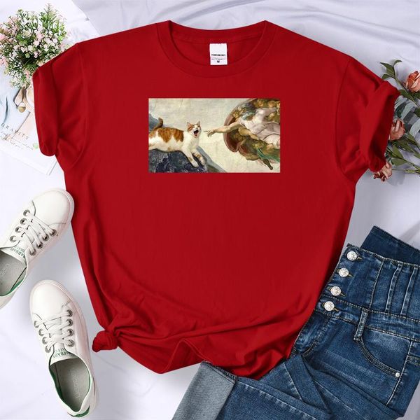 

women's t-shirt cat breaking into a famous painting t shirt women harajuku style t-shirts cartoons loose fashion casual female tee clo, White