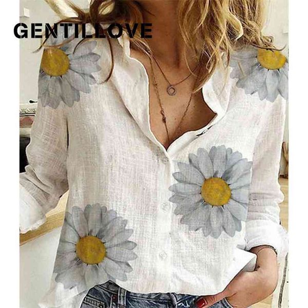 

gentillove autumn long sleeve casual loose shirt women elegant butterfly floral print and blouses vintage cotton tunic 210719, White
