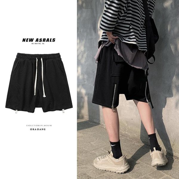

summer drawstring shorts men's fashion retro pocket casual men streetwear loose hip-hop zipper straight mens m-2xl, White;black
