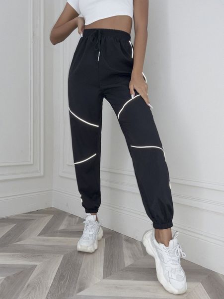 

drawstring waist contrast reflective piping pants 73la#, Black;white