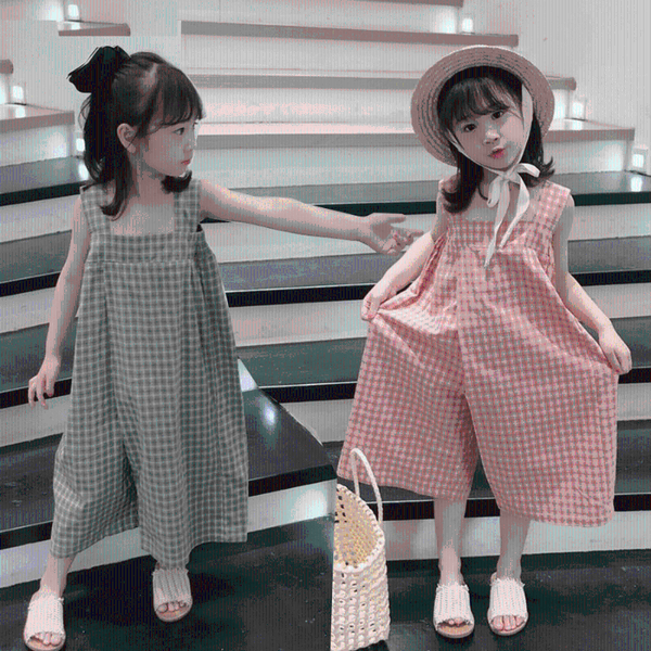 

jumpsuits malayu baby girls children fashion straps pants 2021 summer cute kids plaid irregular loose wide-leg 2-6 years, Blue