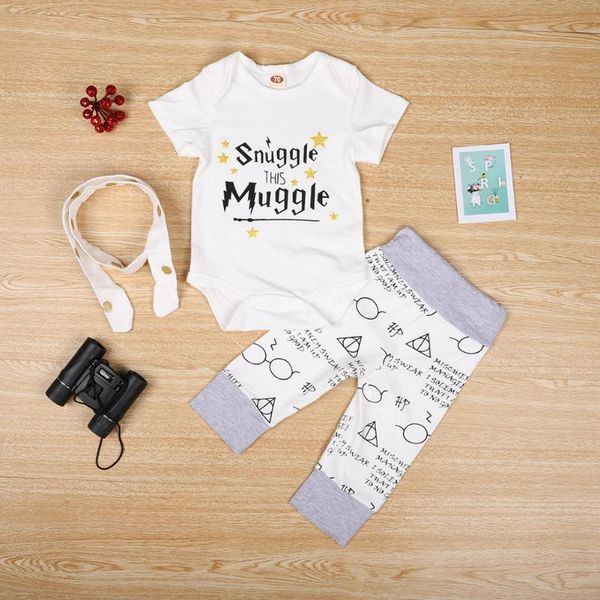 

clothing sets korean autumn clothes set baby kid girls cotton short sleeve round collar letter printing splicing rompers headband trousers, White