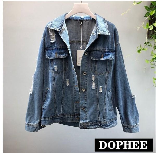 

women's jackets 2021 fashion autumn heavy work tassel chain hole denim jacket female long sleeve loose cowboy coat jeans, Black;brown