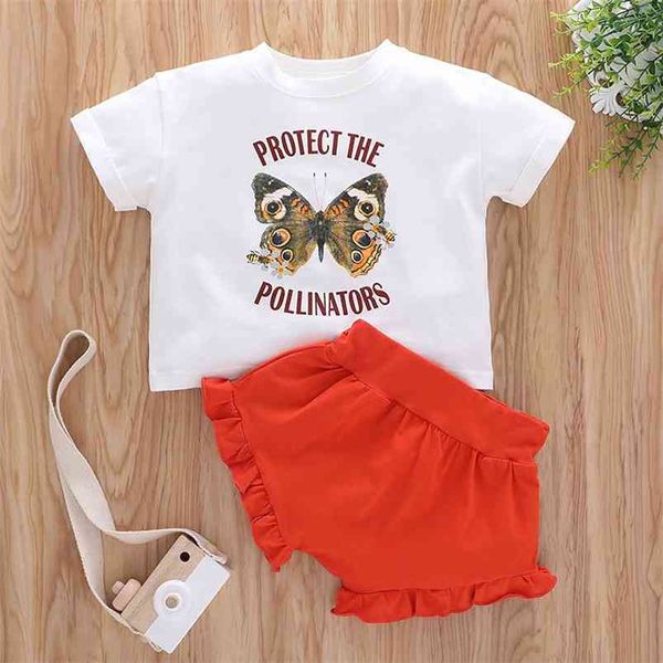 Sommer Kinder Sets Kurzarm O Neck Print Schmetterling Brief T-shirt Orange Shorts Nette Mädchen Jungen Kleidung Set 0-2T 210629