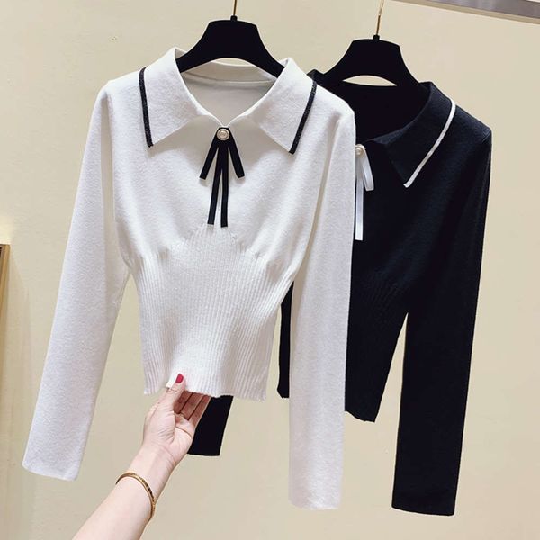 

women's sweaters sweatersautumn and winter korean version lapel waist close fitting knitted bottomed shirt women's design sense ni, White;black