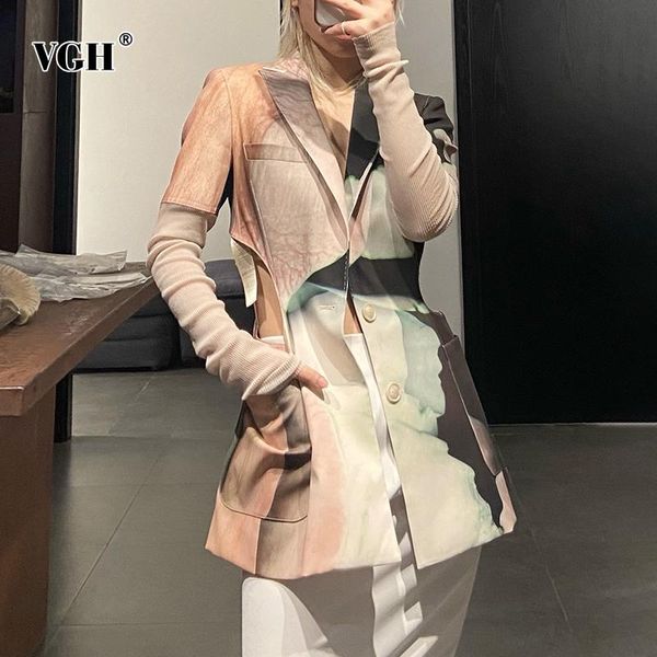 

women's suits & blazers vgh vintage print patchwork blazer for women notched long sleeve hollow out korean straight females spring fash, White;black