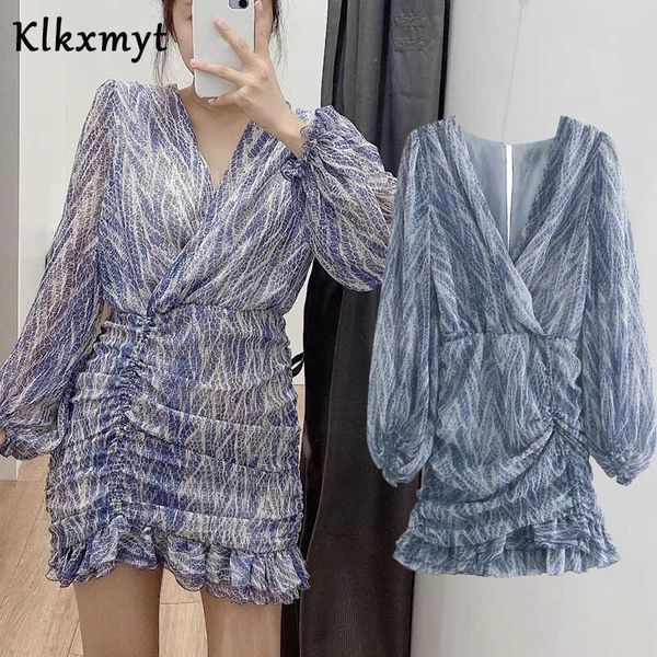 

klkxmyt women chic fashion texture print folds v-neck mini za dress vintage long sleeve female dresses vestidos mujer 210527, Black;gray