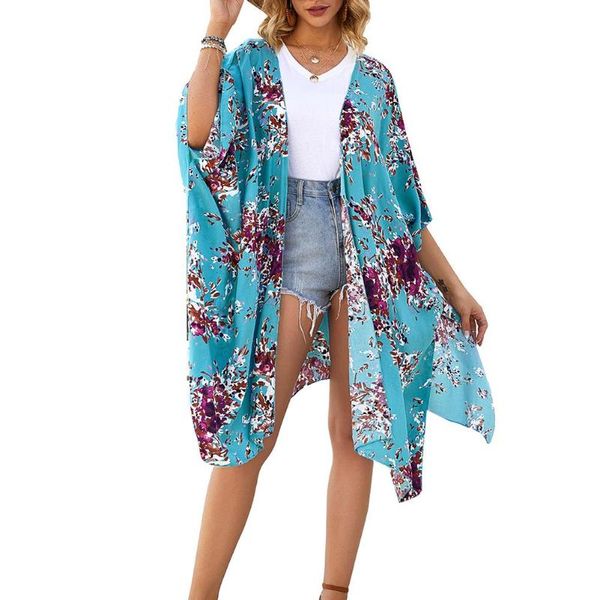 

women floral sun protection half sleeve loose front open coverup cardigan blouse women's swimwear, White;black