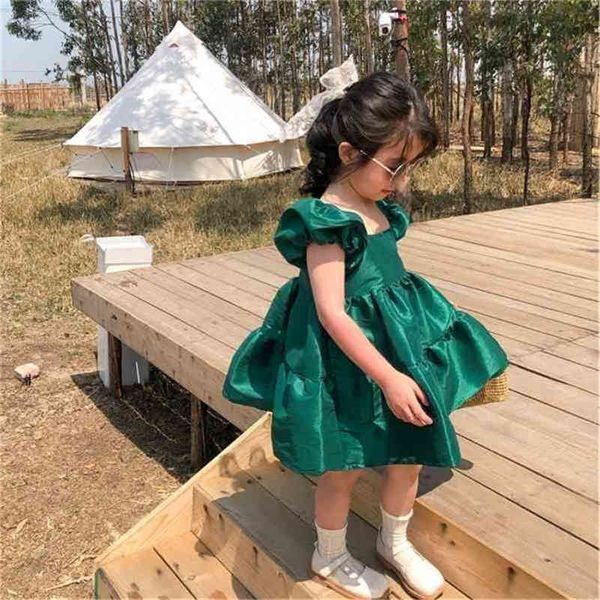

summer arrival girls fashion green dress kids puff sleeve dresses clothes 210528, Red;yellow