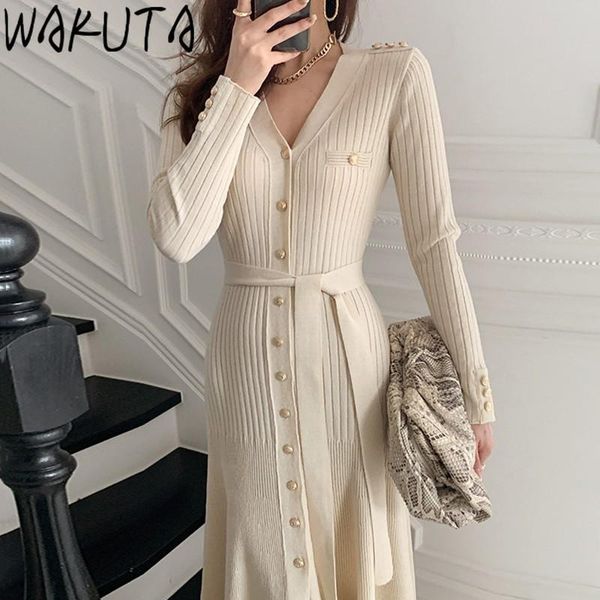 

casual dresses wakuta 2021 chic ladies elegant slim sweater office wear buttons waist bodycon v neck long dress solid autumn, Black;gray