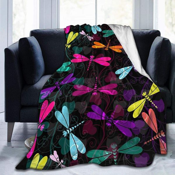 

hipster colorful dragonfly and butterfly flannel fleece throw blanket living room/bedroom/sofa couch warm soft bed blanket for