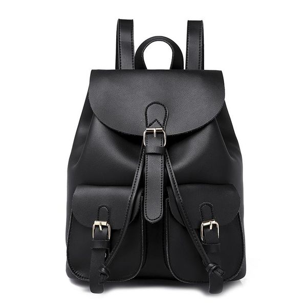 

backpack casual multiple pockets lace-up women black preppy style pu leather soft shoulder bag fashion daypack